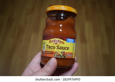 Kongsvinger, Norway - 23 September 2020: Old El Paso Taco Sauce Medium Sign On Glass Jar Isolated For Home Cooking Food