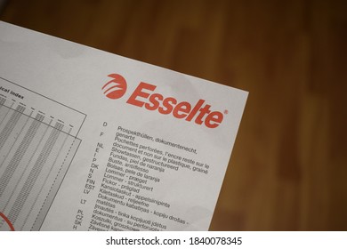 Kongsvinger, Norway 25 october 2020: Esselte sign on plastic folders brand product for keeping paper track workplace and business finance order - Shutterstock ID 1840078345