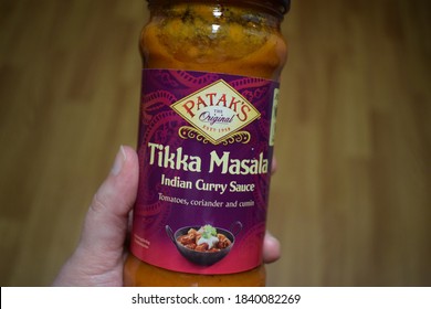 Kongsvinger, Norway - 25 October 2020: Pataks Original Tikka Masala Indian Curry Sauce Sign On Glass Jar Isolated Sauce For Home Cooking Food