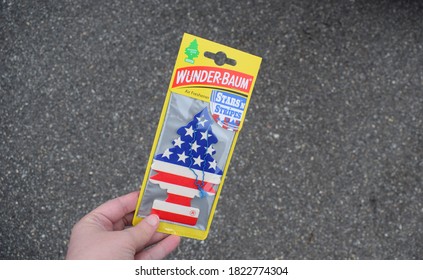 Kongsvinger, Norway 27 September 2020: Wunder Baum Air Freshener American Stars N Stripes Tree Shaped In Isolated Package