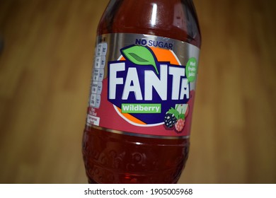 Kongsvinger, Norway - 29 January 2021: Fanta Wildberry No Sugar Sign On Isolated Carbonated Sugar Free Soda Soft Drink Bottle