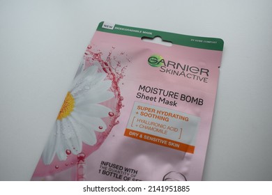 Kongsvinger, Norway 3 April 2022: Garnier Skin Active Mosture Bomb Sheet Mask For Dry And Sensitive Skin Super Hydrating And Soothing Hyaluronic Acid And Chamomile Package