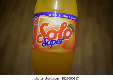 Kongsvinger, Norway - 5 October 2020: Solo Super Sukkerfri Sign On Isolated Original Norwegian Orange Carbonated Sugar Free Soda Soft Drink Bottle Close Up