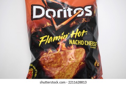 Kongsvinger, Norway 9 October 2022: Doritos Flaming Hot Nacho Cheese Tortilla Chips Flavor Package Savory Crisps Snacks Food Isolated On White Background