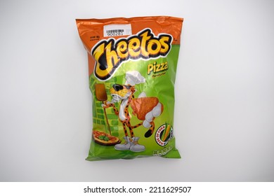 Kongsvinger, Norway 9 October 2022: Cheetos Pizza Flavour Package Savory Crisps Snacks Food Isolated On White Background