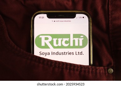 KONSKIE, POLAND - August 04, 2021: Ruchi Soya Industries Ltd Logo Displayed On Mobile Phone