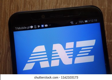 KONSKIE, POLAND - AUGUST 18, 2018: Australia And New Zealand Banking Group Logo Displayed On A Modern Smartphone