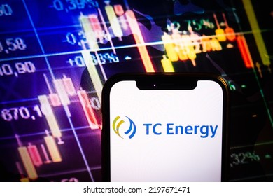 KONSKIE, POLAND - August 30, 2022: Smartphone Displaying Logo Of TC Energy Company On Stock Exchange Diagram Background