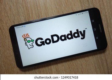 KONSKIE, POLAND - December 01, 2018: GoDaddy Inc. logo displayed on smartphone