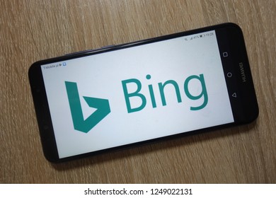 KONSKIE, POLAND - December 01, 2018: Bing logo displayed on smartphone. Bing is a web search engine owned and operated by Microsoft