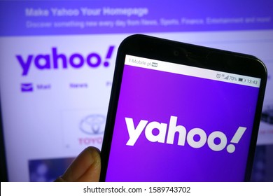 KONSKIE, POLAND - December 07, 2019: Yahoo logo displayed on mobile phone