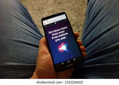 KONSKIE, POLAND - February 08, 2019: Man Holding Huawei Smartphone With 
Apple Website About Siri Displayed