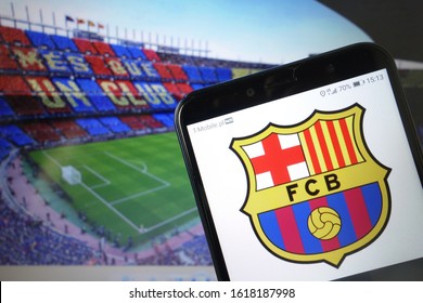 KONSKIE, POLAND - January 11, 2020: Futbol Club Barcelona Logo Displayed On Mobile Phone