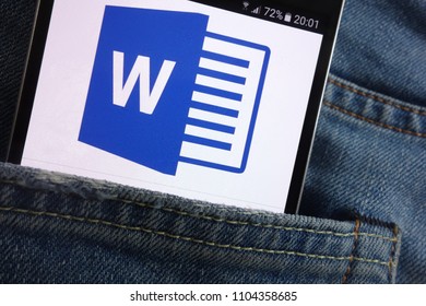 KONSKIE, POLAND - JUNE 01, 2018: Microsoft Word Logo Displayed On Smartphone Hidden In Jeans Pocket