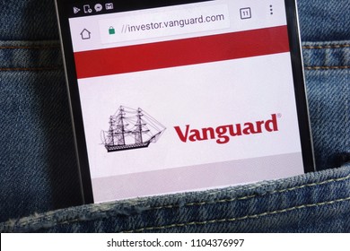 KONSKIE, POLAND - JUNE 01, 2018: Vanguard website displayed on smartphone hidden in jeans pocket