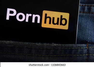 KONSKIE, POLAND - JUNE 02, 2018: Pornhub logo displayed on smartphone hidden in jeans pocket