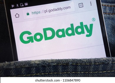 KONSKIE, POLAND - JUNE 02, 2018: GoDaddy website displayed on smartphone hidden in jeans pocket