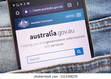 KONSKIE, POLAND - JUNE 12, 2018: Australian Government Website Displayed On Smartphone Hidden In Jeans Pocket