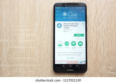 KONSKIE, POLAND - JUNE 17, 2018: Period Tracker Clue: Period And Ovulation Tracker App On Google Play Store Website Displayed On Huawei Y6 2018 Smartphone