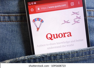 KONSKIE, POLAND - MAY 18, 2018: Quora website displayed on smartphone hidden in jeans pocket