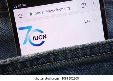 KONSKIE, POLAND - MAY 19, 2018: IUCN (International Union For Conservation Of Nature) Website Displayed On Smartphone Hidden In Jeans Pocket