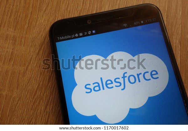 KONSKIE, POLAND - SEPTEMBER 01, 2018: Salesforce logo displayed on a modern smartphone