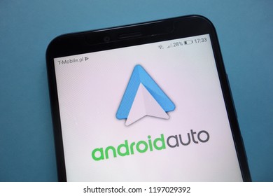 KONSKIE, POLAND - SEPTEMBER 29, 2018: Android Auto Logo On Smartphone