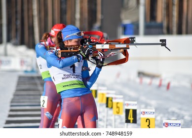 Kontiolahti, Finland - MARCH 5, 2017: Daria Virolaynen of Russia competes in the pursuit at the IBU Cup Biathlon 7