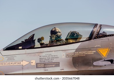 Konya, TURKEY - 07.01.2021: IN THE ANATOLIAN EAGLE 2021 TRAINING; Turkish Fighter Pilot Saluting While Taking A Taxi