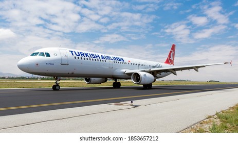 Konya, TURKEY - June 05, 2015: Turkish Airlines Boeing 737 taxiing to apron to unboard. THY is the flag carrier of Turkey with a big fleet.