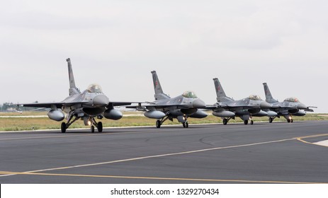 KONYA, TURKEY - June 08 2016: Several F-16s of Turkish Air Force gather for a military exercise known as Anatolian Eagle. Pilots execute several war scenarios and train for warfare.
