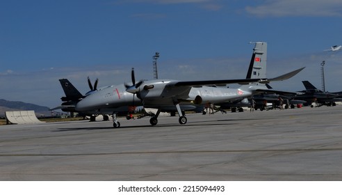 Konya Turkey JUNE, 29, 2022 Turkish War Drone Whole Side View In Military Air Base. Baykar Bayraktar Akinci Drone Of Turkish Air Force