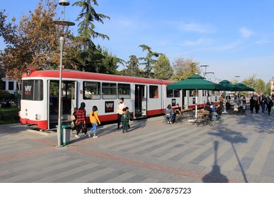 Konya, Turkey - October 30, 2021: Tram Cafe Is Located In Kültürpark. The Unused Tram Was Arranged As A Cafe.