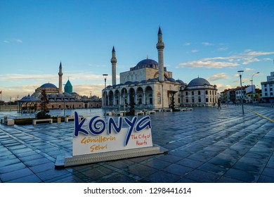 Konya,Turkey-January 5th,2019:The Konya Name Statue At In Front Of Mevlana Rumi Mosque.This Is The Place Where The Famous Poet Rumi Was Burried And Museum Was Build To Remember His Legacy.