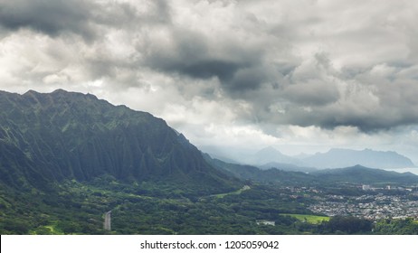 Koolau mountains in clouds view from Nuuanu Pali lookout on Oahu, Hawaii