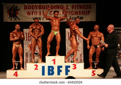 KOPER-NOVEMBER 13:1st Mauro Zotti 2nd Eric Orao 3rd Jovce Vasilevski 4th Gennaro Iscaro 5th Zoltan Vasarhery In IBFF Bodybuilding World Championship Masters Category November 13, 2010  Koper, Slovenia