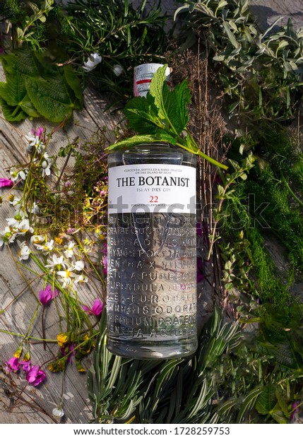 Korcula, Croatia - APR 17, 2020:\
The Botanist gin bottle in nature. Gin between healthy\
herbs