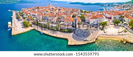Korcula. Historic town of Korcula aerial panoramic view, island in archipelago of southern Croatia