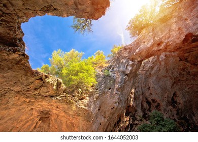 Korcula. Vela spilja cave in Vela Luka on Korcula island view. Amazing landscape of Dalmatia region of Croatia