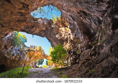 Korcula. Vela spilja cave in Vela Luka on Korcula island view. Amazing landscape of Dalmatia region of Croatia.