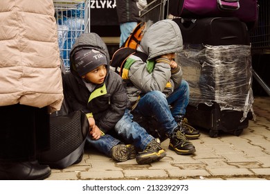 Korczowa, Poland 5.03.2022 -  children of a refugee from Ukraine at the border crossing in Korczowa                           