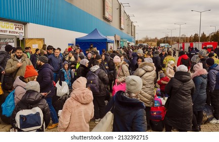 Korczowa, Poland 5.03.2022 -  refugees from Ukraine at the reception point in Korczowa                          
