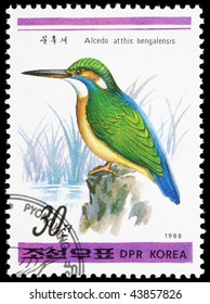 Korea - 1988. This postage stamp was printed in Korea. It depicts the common kingfisher (Latin Alcedo atthis) - small birds of the family Kingfishers (Alcedinidae), slightly larger than a sparrow.