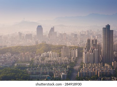 Korea City Skyline And N Seoul Tower In Seoul In Misty Day, South Korea