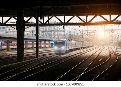 Korea train on railway with skyline at Seoul, South Korea for transportation background