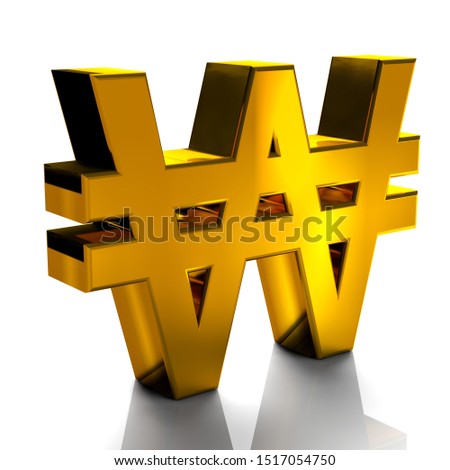Korea Won Currency Symbols Gold Color, 3d render isolated on white background