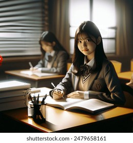 a Korean 14-year-old girl sitting at her desk in a blazer-type school uniform