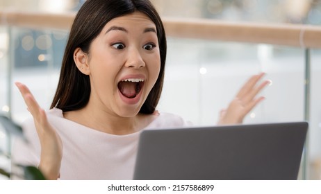 Korean Asian Woman With Laptop Luck Excited Surprised Feels Very Happy Got University Scholarship Win Online Auction Victory Winning Emotion Female Winner Celebrate Triumph Scream With Joy Achievement