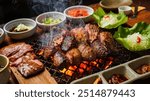 Korean BBQ: interactive dining with marinated meats grilled to perfection at the table, served with an array of banchan, crisp lettuce wraps, and flavorful dipping sauces for a satisfying, communal fe