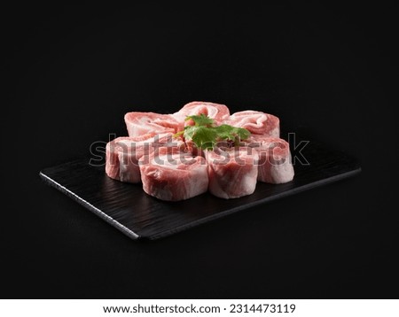 Korean bbq, raw pork and beef dish on the table
